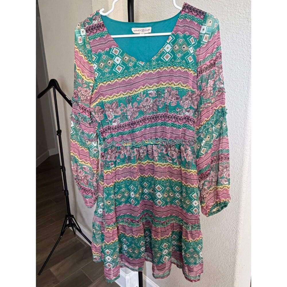 Altar'd State Teal Pink & Yellow Print V-Neck Long Sleeve Mini Dress M Boho